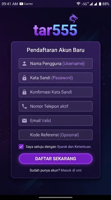 Tampilan halaman daftar tar555